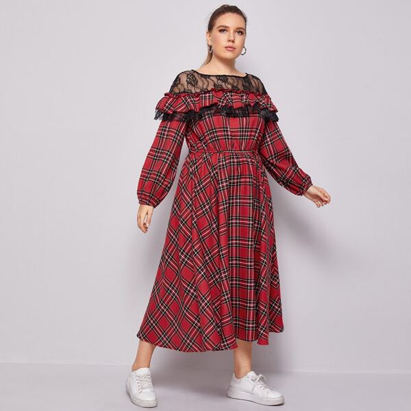 

Plus Lace Insert Ruffle Trim Lantern Sleeve Tartan Dress, Multicolor
