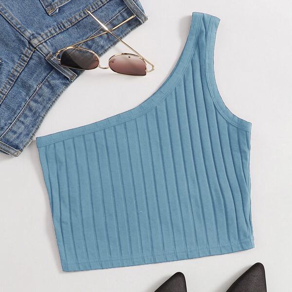 

One Shoulder Rib-knit Crop Top, Dusty blue