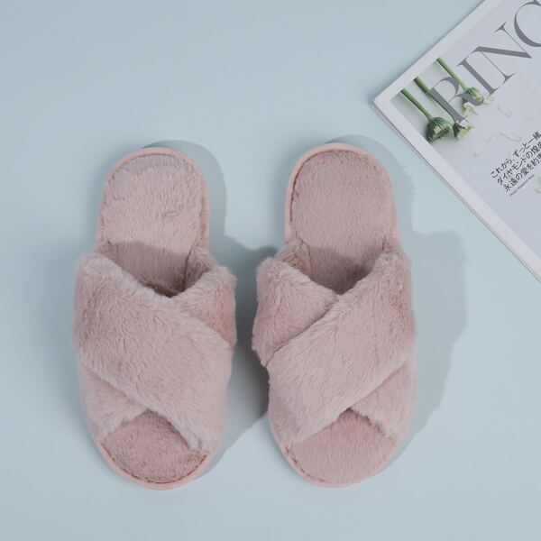 

Criss Cross Fluffy Bedroom Slippers, Pink