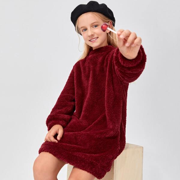 

Girls Drop Shoulder Teddy Sweatshirt Dress, Burgundy