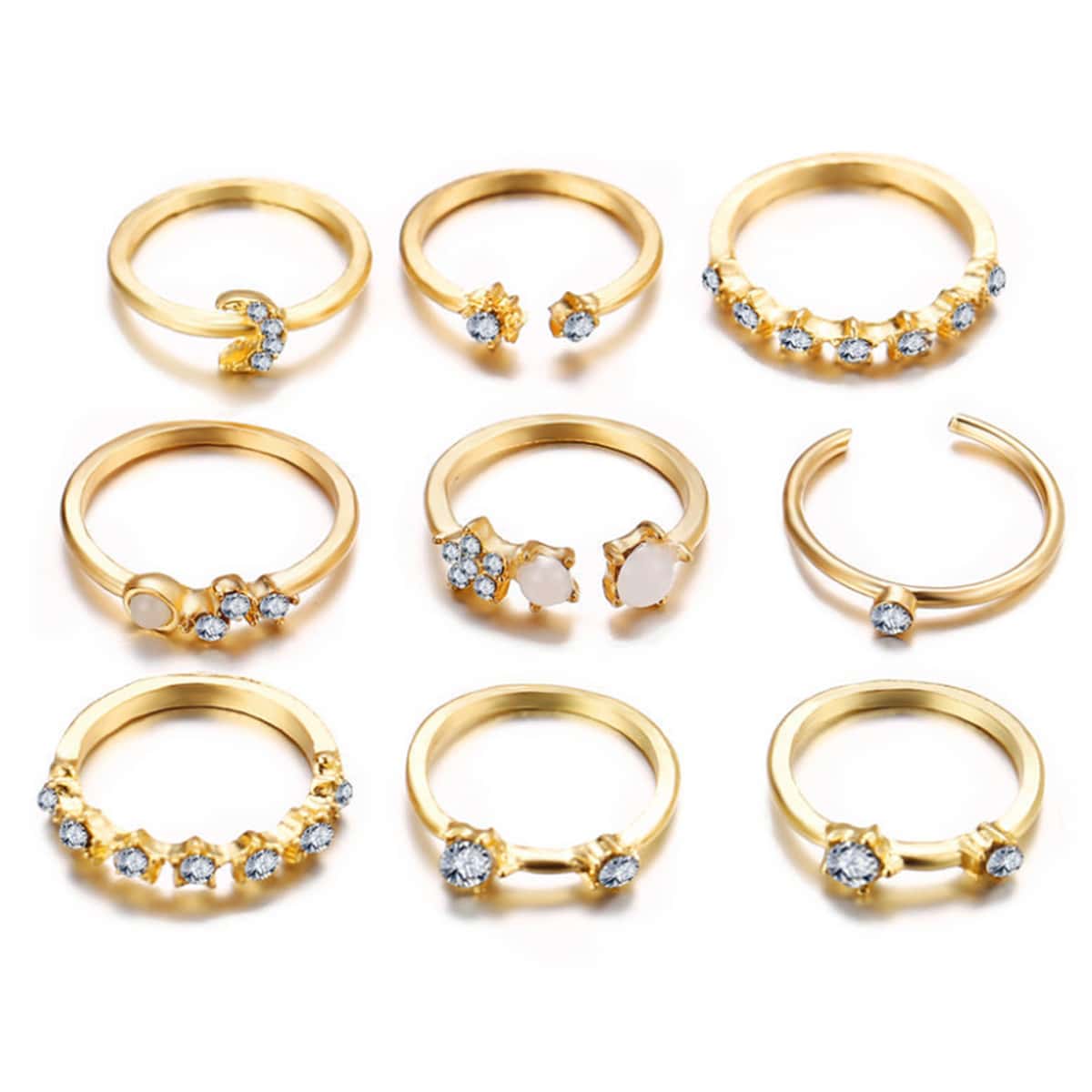 

9pcs Rhinestone Star & Moon Ring Set, Gold
