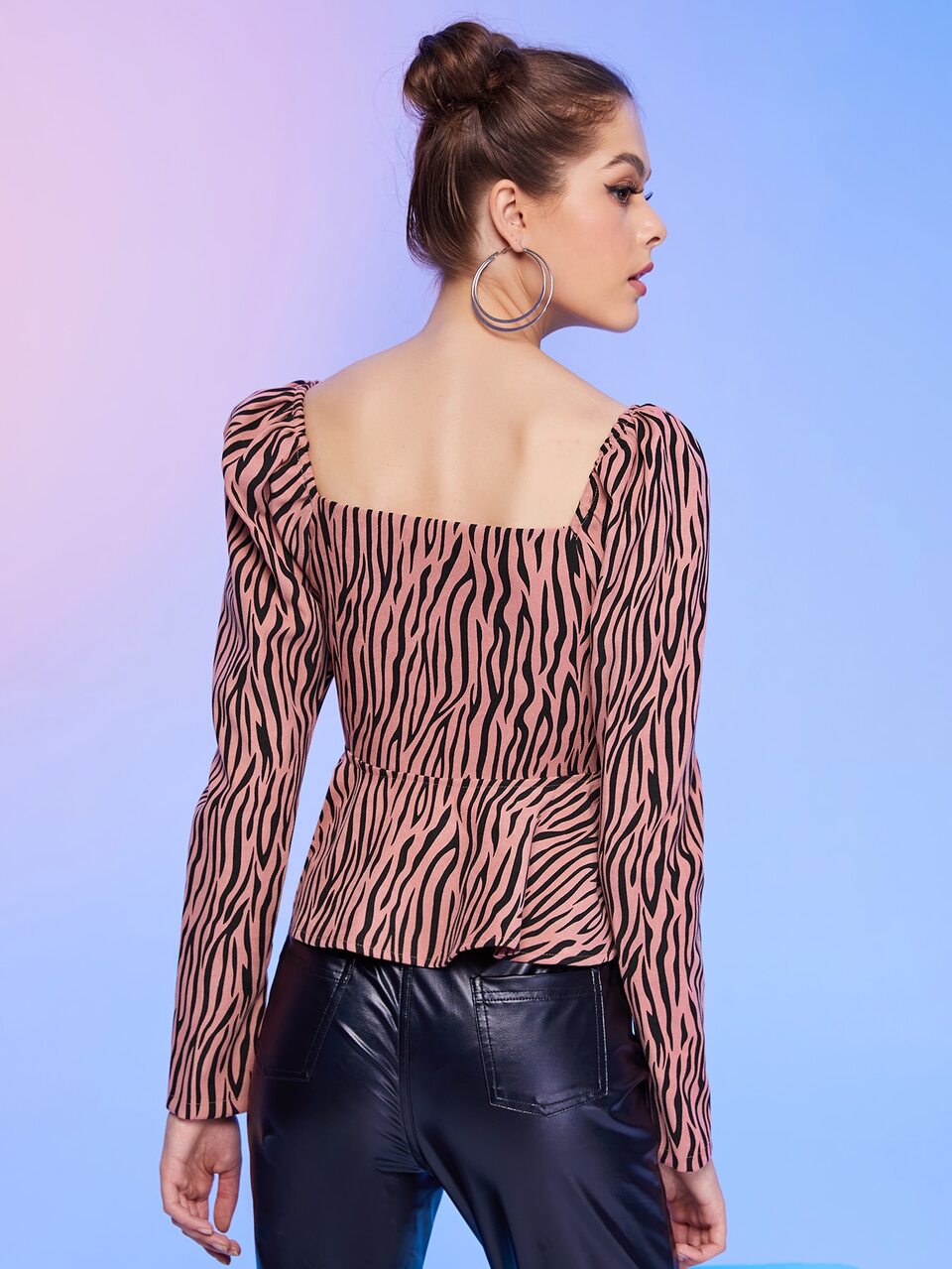 Zebra Striped Gigot Sleeve Hook and Eye Placket Peplum Top