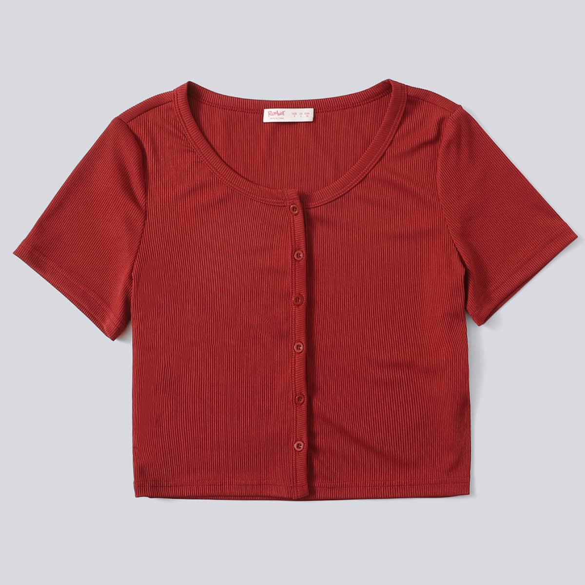 

Solid Button Front Crop Tee, Burgundy