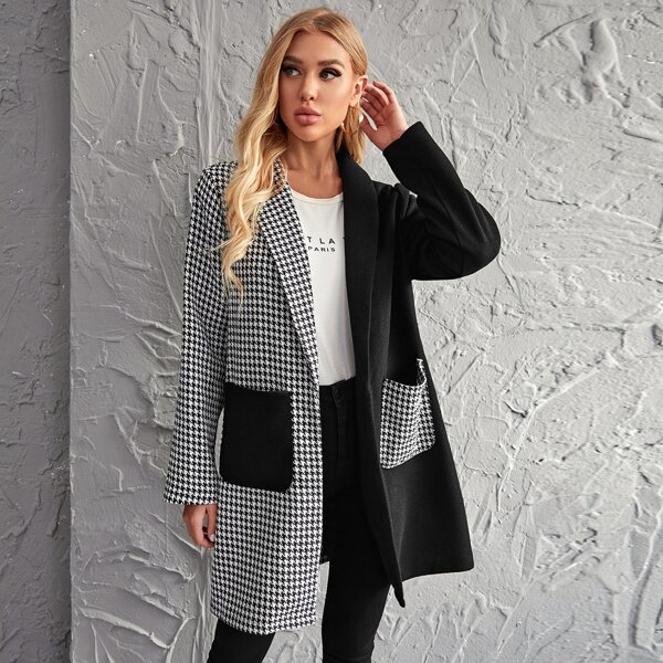

Shawl Collar Patch Pocket Houndstooth Blazer, Black and white
