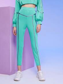 SHEIN Elastic Waist Contrast Piping Cropped Trousers - Green - View 1