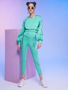 SHEIN Elastic Waist Contrast Piping Cropped Trousers - Green - View 3