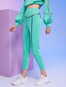 SHEIN Elastic Waist Contrast Piping Cropped Trousers - Green - View 4