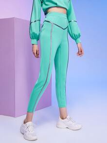 SHEIN Elastic Waist Contrast Piping Cropped Trousers - Green - View 5