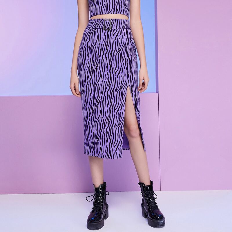 

Zipper Back Zebra Striped Split Thigh Buckle Belted Skirt, Multicolor
