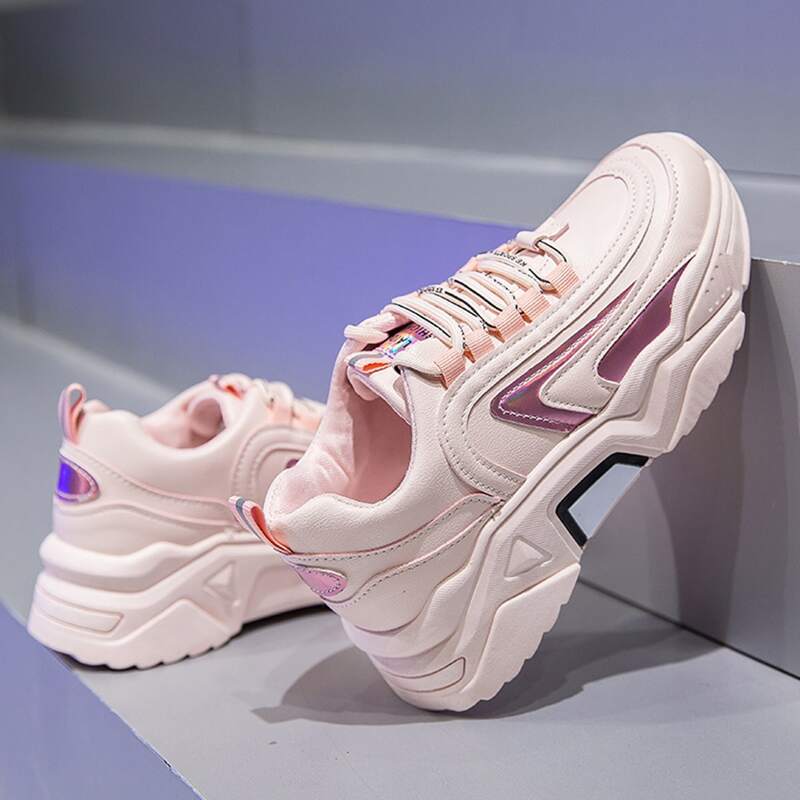 

Holographic Lace-up Chunky Sneakers, Baby pink