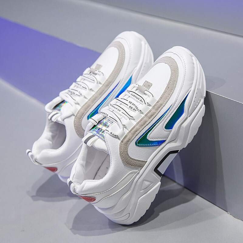

Holographic Lace-up Chunky Sneakers, White