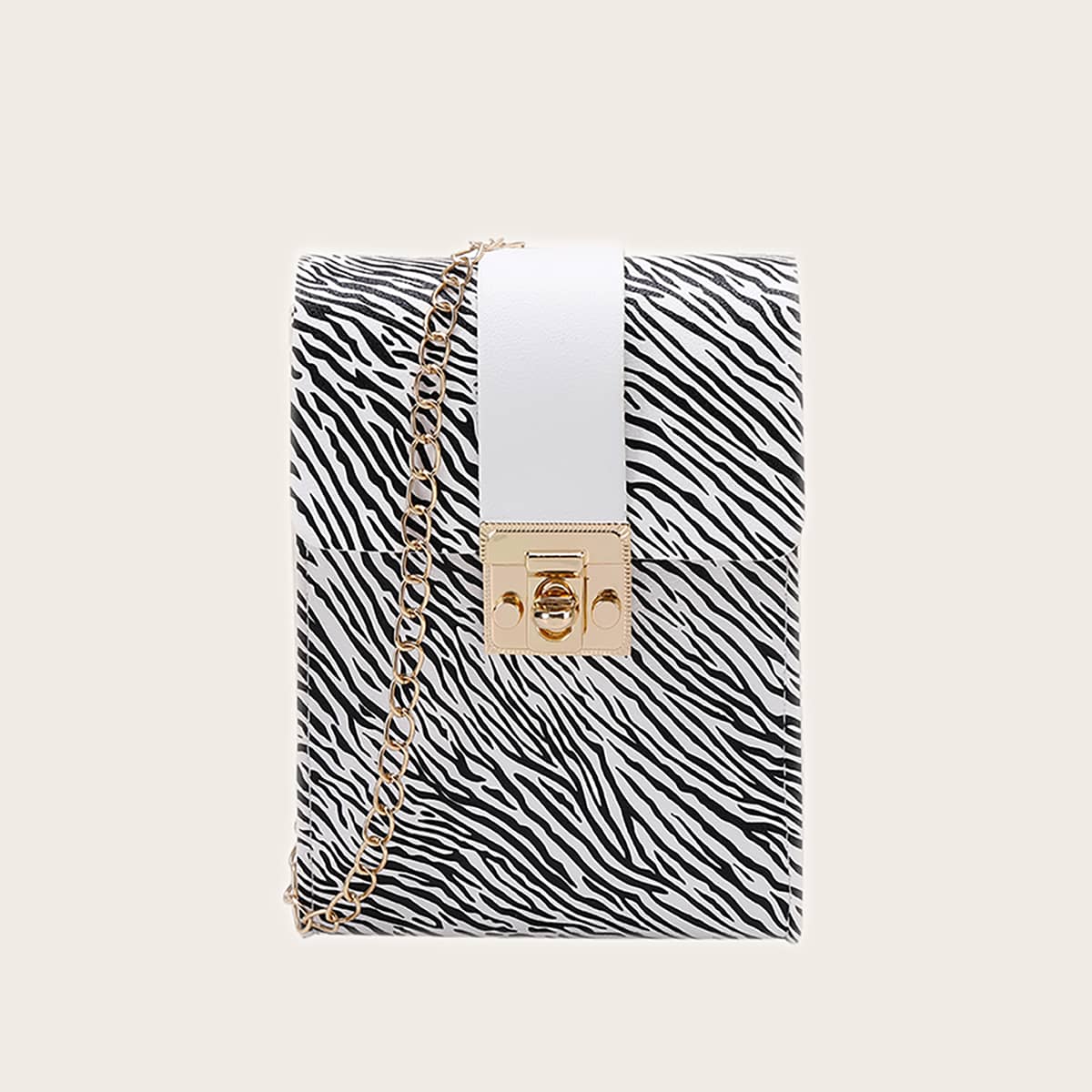

Zebra Striped Chain Crossbody Bag, Black and white