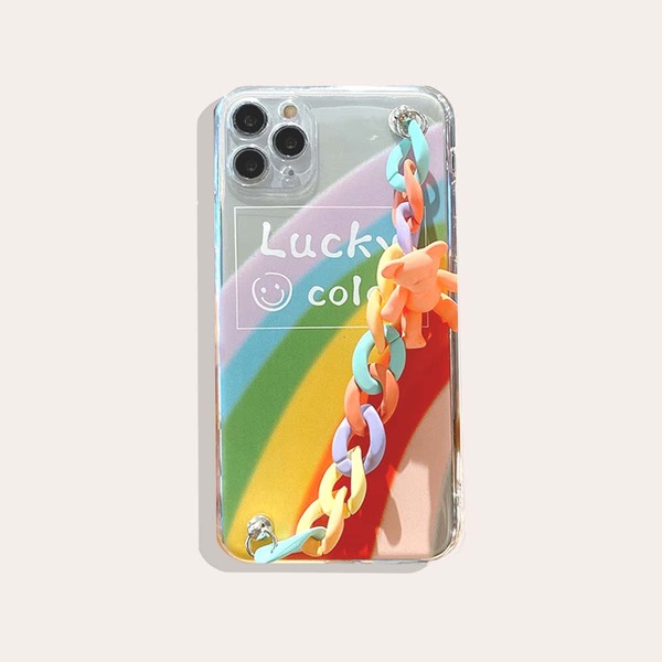 

Rainbow Print Clear Phone Case With Chain Strap, Multicolor
