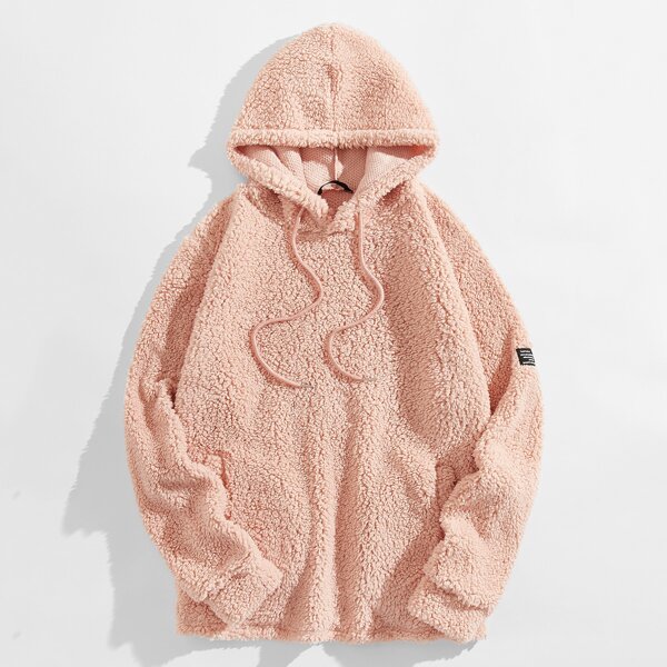 

Men Patched Detail Pocket Front Teddy Hoodie, Pastel coral pink