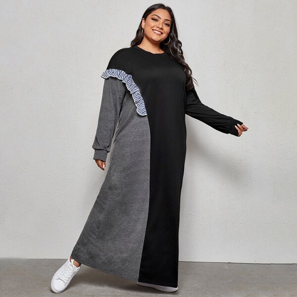 

Plus Ruffle Trim Colorblock Sweatshirt Dress, Multicolor
