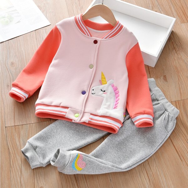 

Toddler Girls Unicorn Patched Bomber Jacket With Joggers, Multicolor