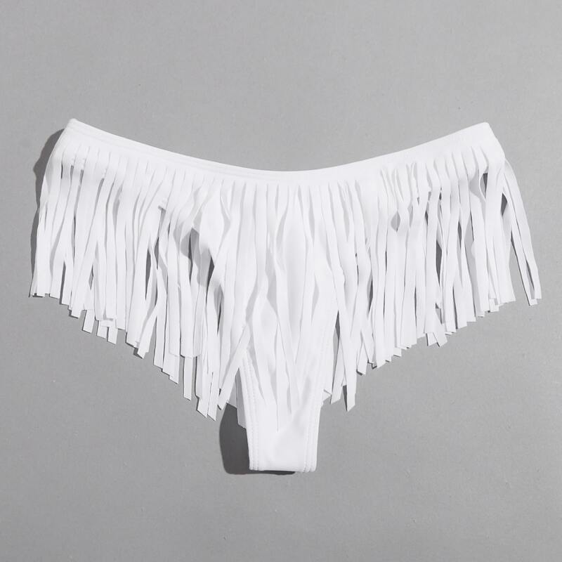 

Fringe Hem Thong Bikini Bottom, White