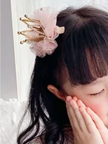 1pc Girls Glitter Pearl Rhinestone Crown Hair Clip For Daily Life Or Birthday Party - Pink - View 4