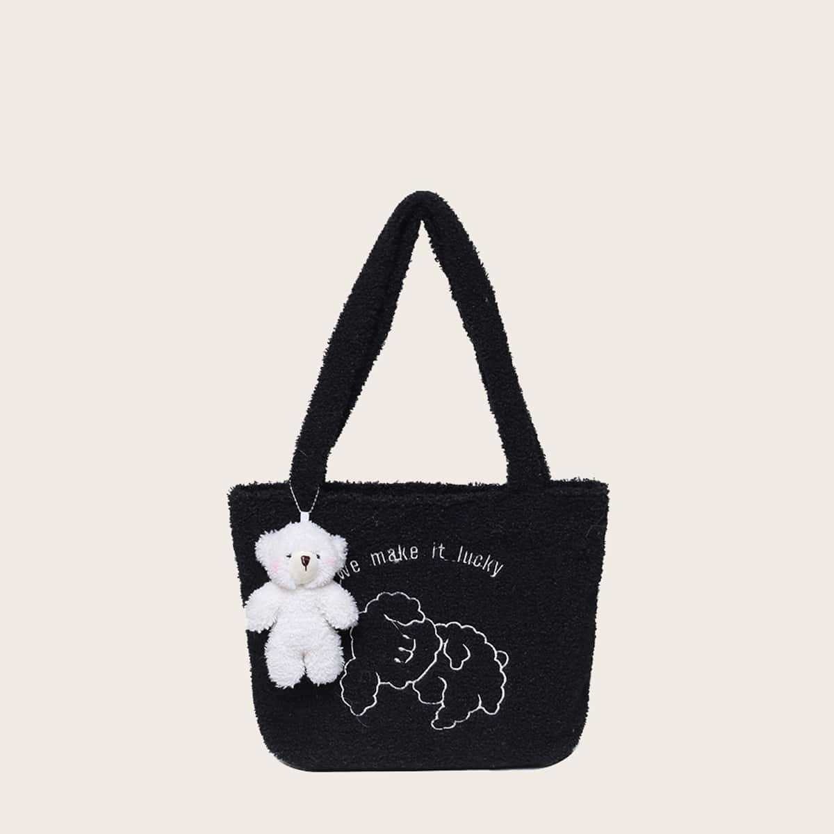

Bear Charm Teddy Tote Bag, Black