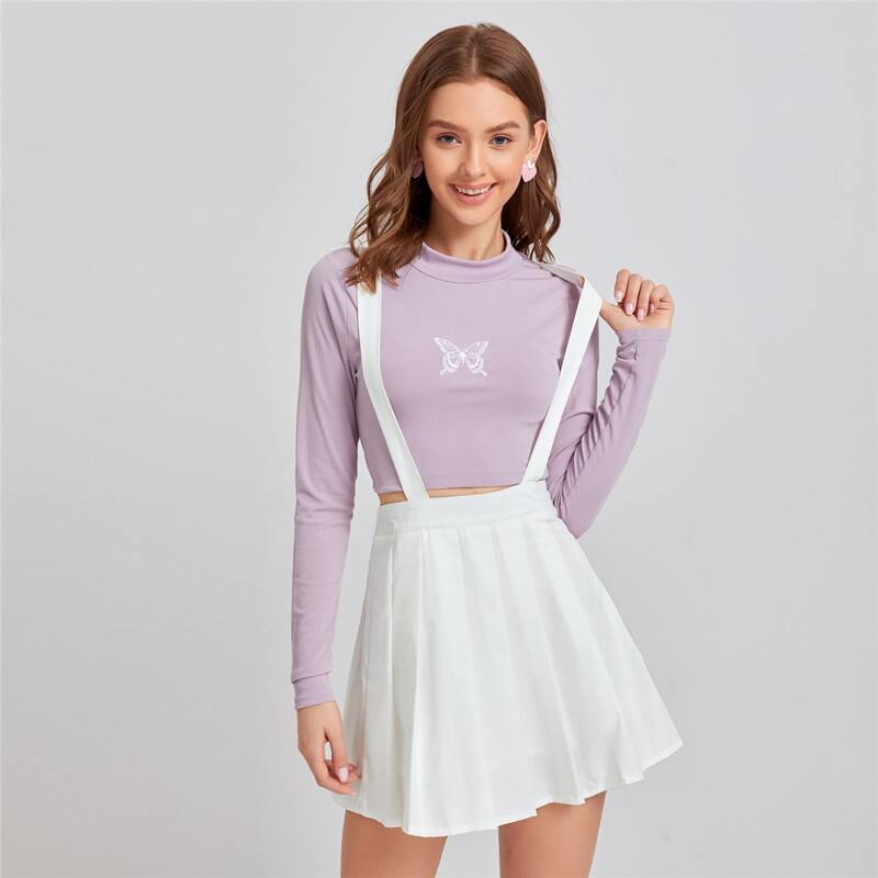 

Solid Overall Pleated Skirt, White