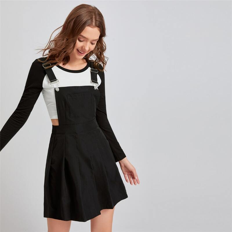 

Solid Pleated Pinafore Dress, Black