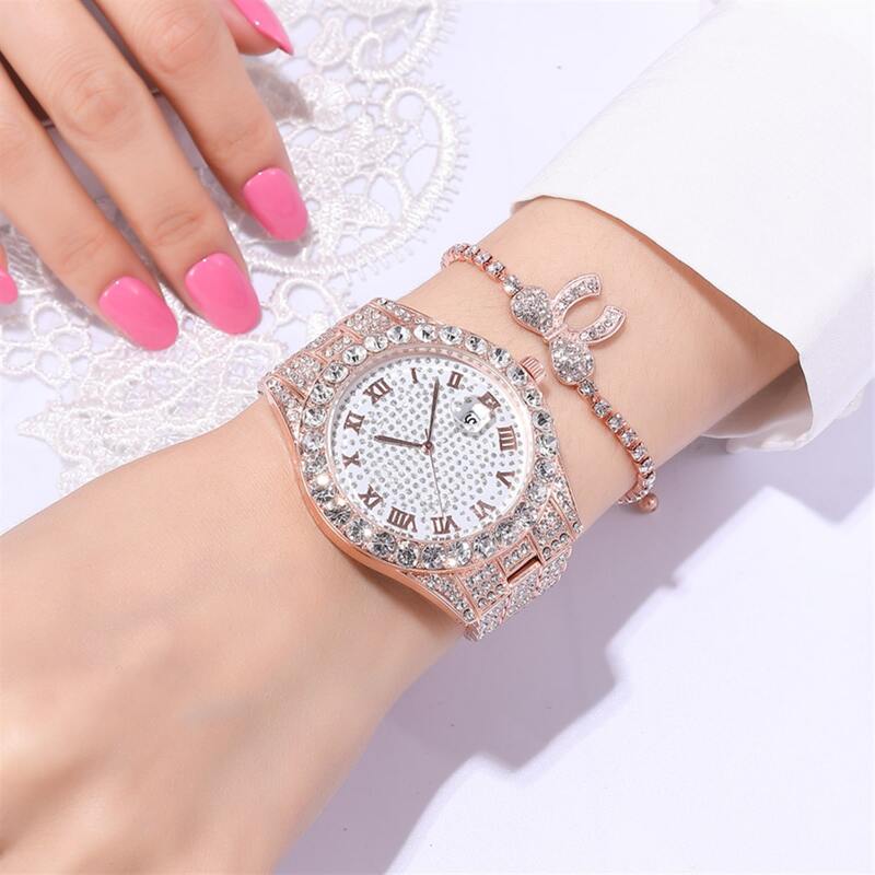 

1pc Rhinestone Decor Round Pointer Quartz Watch & 1pc Bracelet