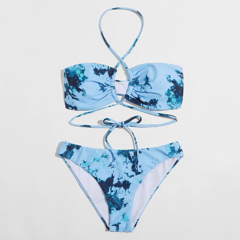 

Tie Dye Drawstring Halter Bikini Swimsuit, Multicolor