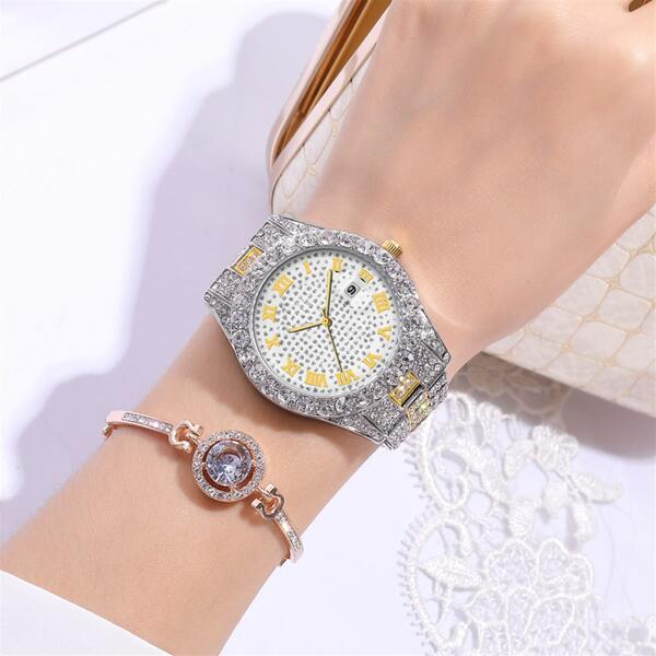 

1pc Rhinestone Decor Round Pointer Quartz Watch & 1pc Bracelet