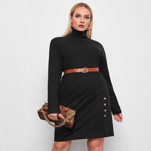 

Plus High Neck Button Detail Split Hem Dress Without Belt, Black