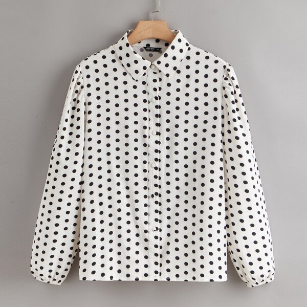 

Plus Polka Dot Button Up Blouse, Black and white