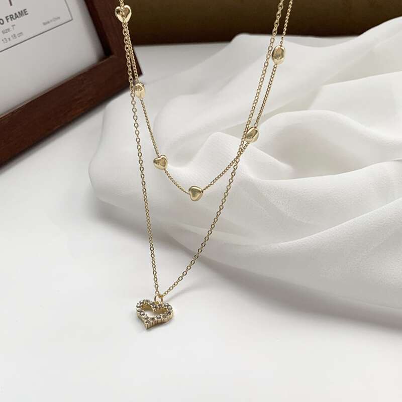 

Rhinestone Heart Beaded Layered Necklace, Gold
