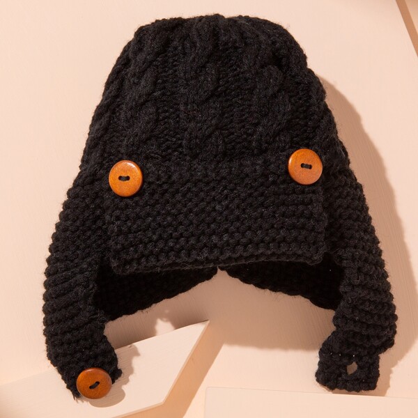 

Toddler Kids Button Decor Knit Beanie, Black