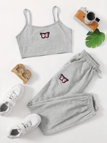 SHEIN 女孩蝴蝶貼布短版吊帶上衣和運動褲套裝 - 淺灰色 - 查看 1
