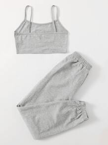 SHEIN 女孩蝴蝶貼布短版吊帶上衣和運動褲套裝 - 淺灰色 - 查看 2