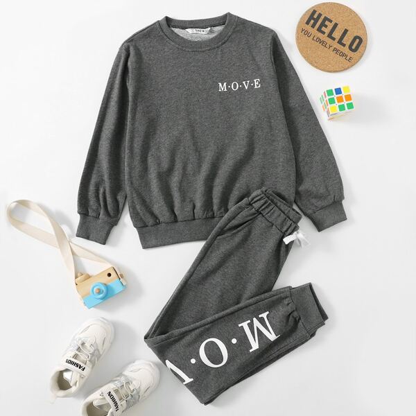 

Boys Drop Shoulder Letter Graphic Pullover & Sweatpants Set, Dark grey