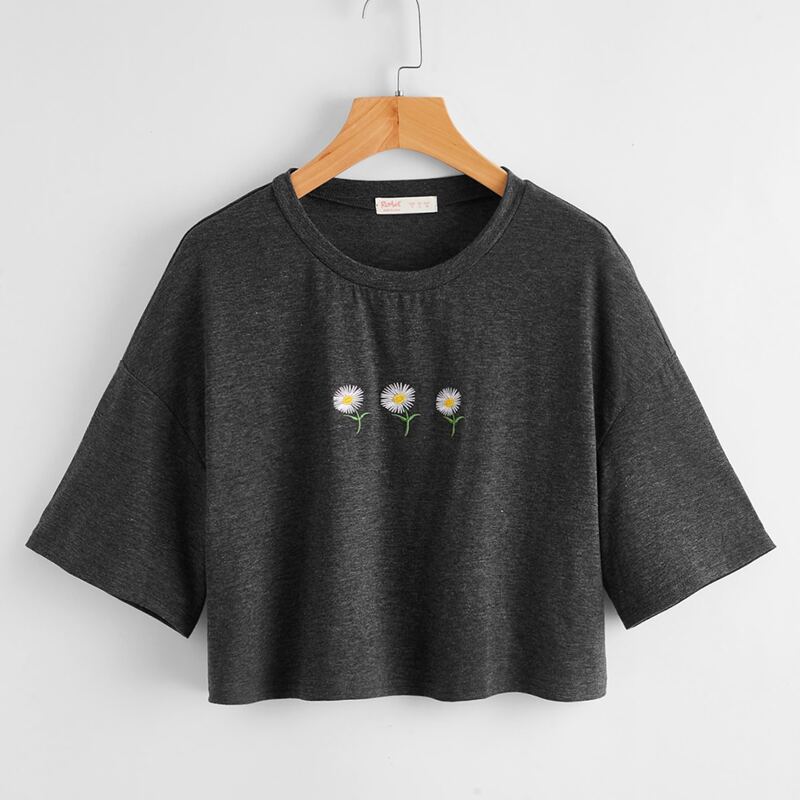 Flower Embroidery Oversized Crop Tee, Dark grey