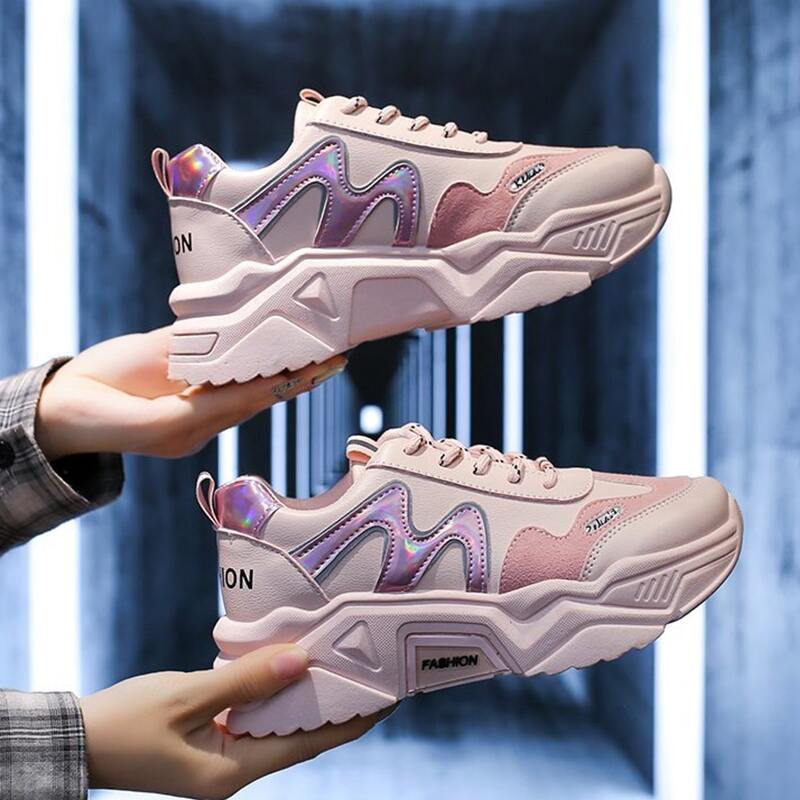 

Holographic Lace-up Chunky Sneakers, Baby pink