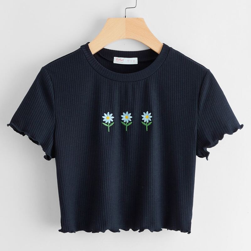 

Flower Embroidery Ribbed Crop Tee, Navy blue