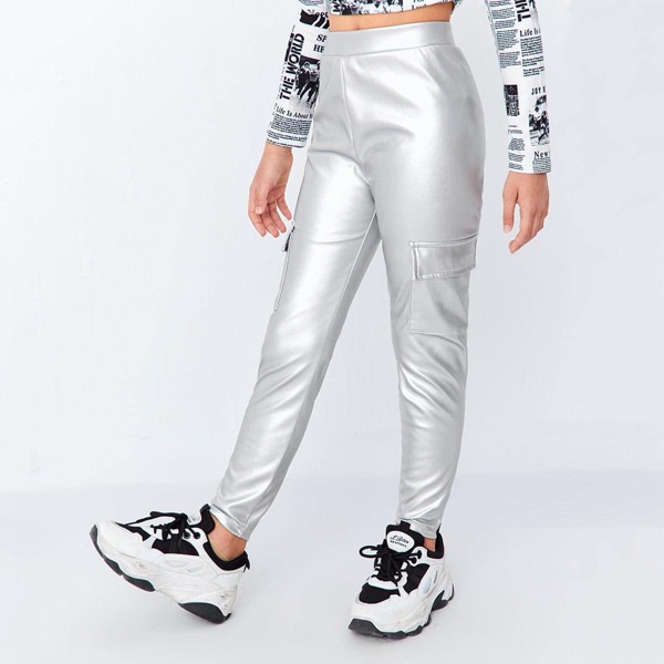 

Girls Flap Pocket PU Leather Pants, Silver