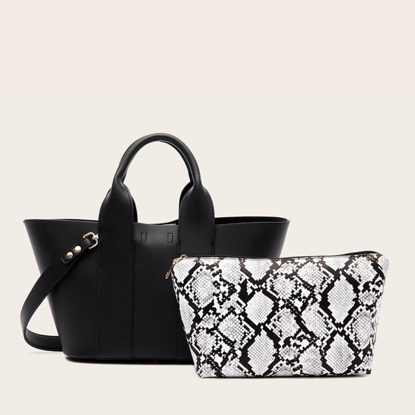 

Top Handle Bucket Bag With Snakeskin Clutch Bag, Black