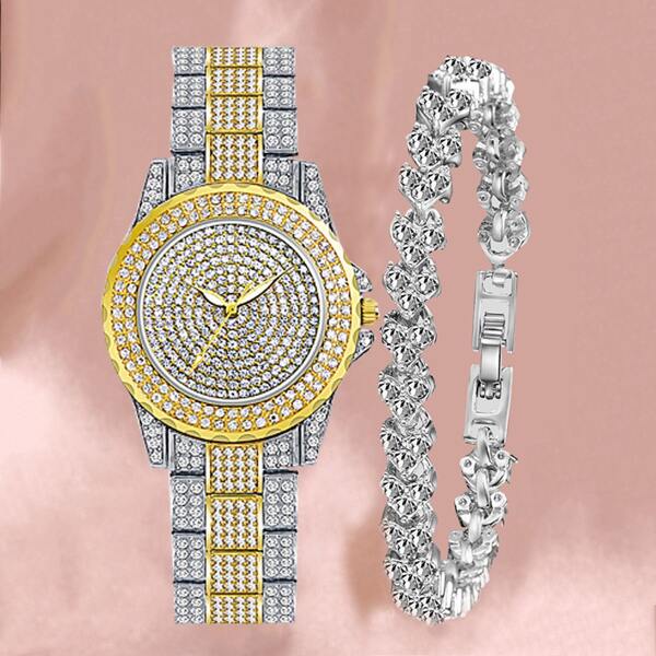 

1pc Rhinestone Decor Round Pointer Quartz Watch & 1pc Bracelet