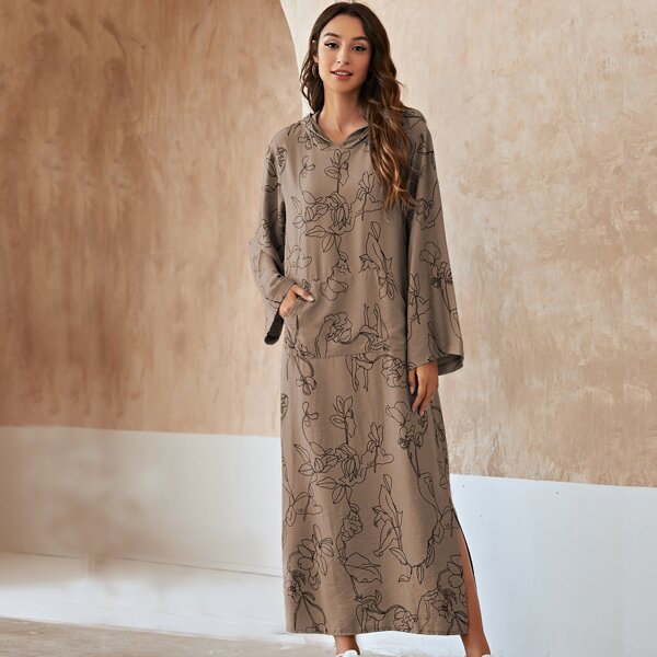 

Floral Print Split Hem Hooded Dress, Khaki
