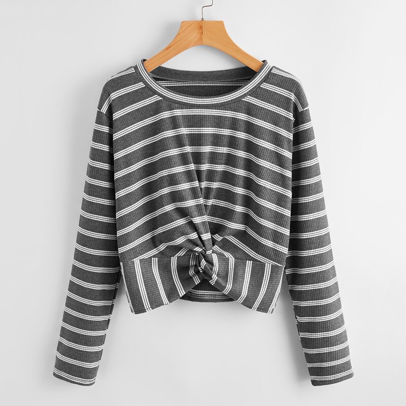 

Striped Twist Crop Tee, Grey