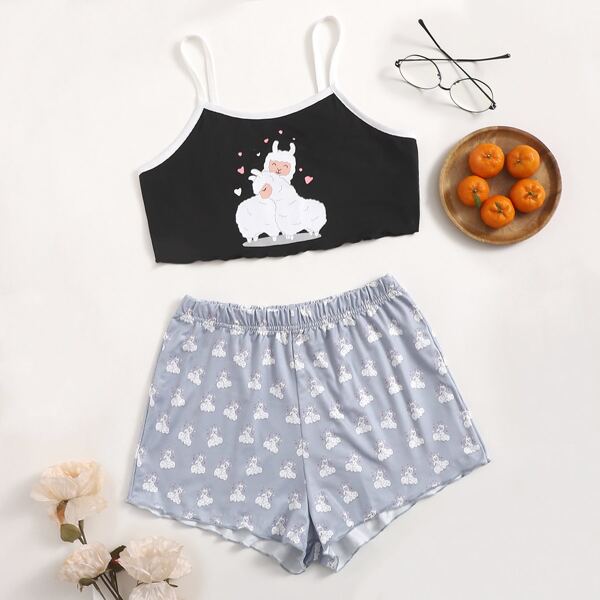 

Cartoon Graphic Cami Pajama Set, Multicolor