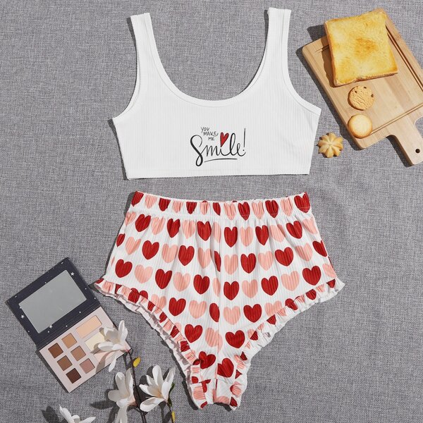 

Slogan And Heart Print Tank Pajama Set, Multicolor