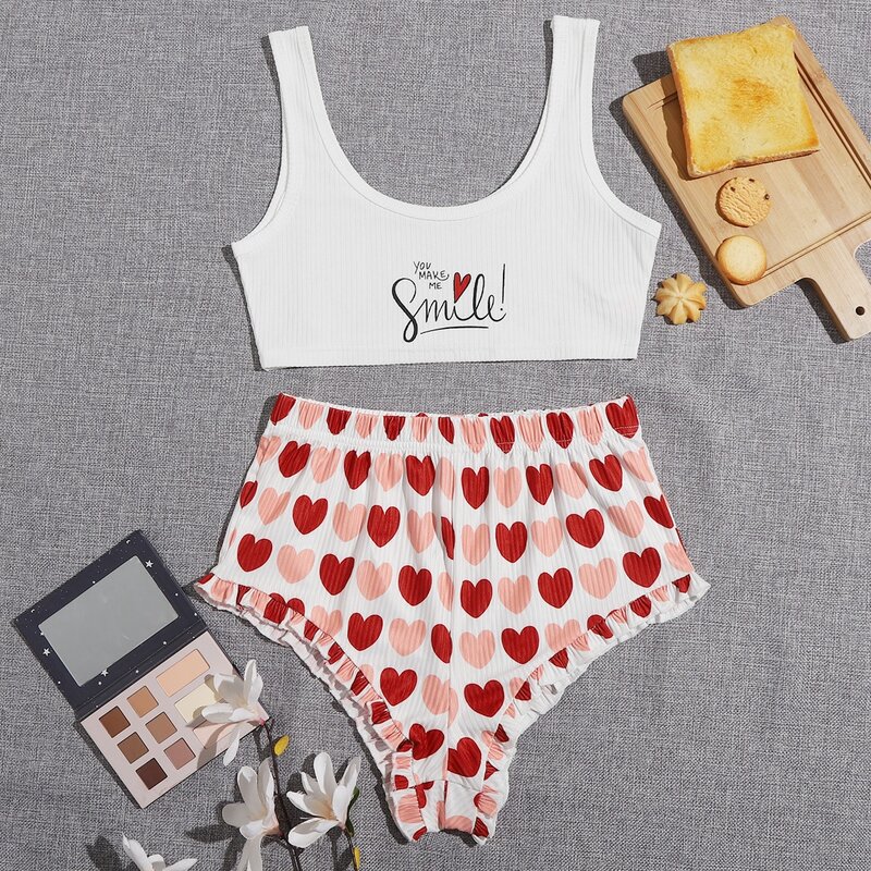 

Slogan And Heart Print Tank Pajama Set, Multicolor