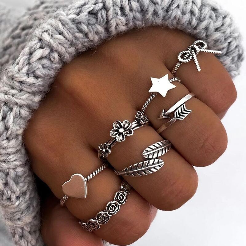 

7pcs Floral Decor Ring, Antique silver