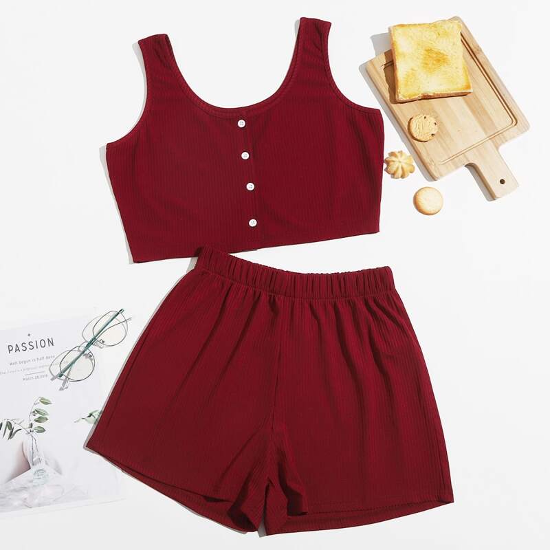 

Solid Rib-knit Button Front Tank Lounge Set, Burgundy