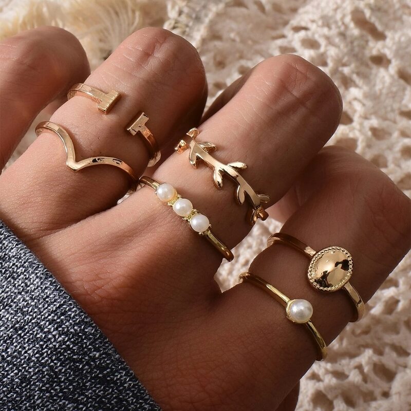 

6pcs Faux Pearl Ring, Gold