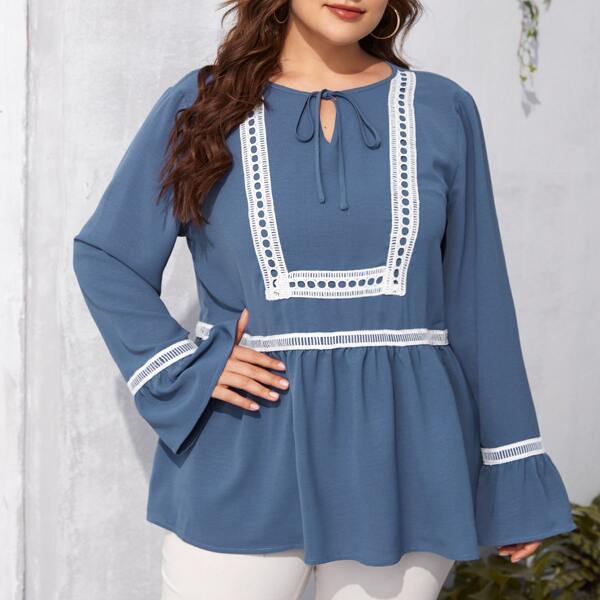 

Plus Tie Neck Flounce Sleeve Peplum Blouse, Dusty blue